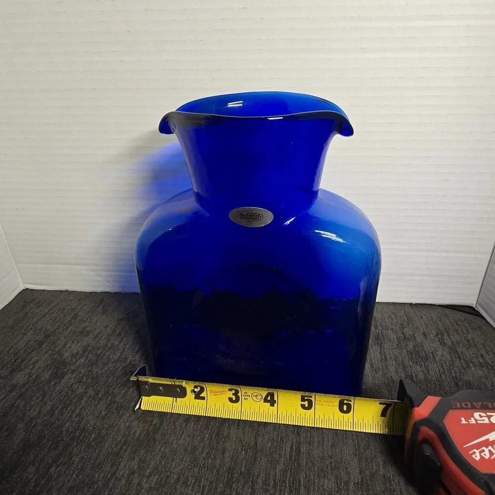 Blenko Hand Blown Cobalt Blue Water Bottle Pitcher Vase 8 Inches Collectable